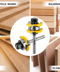 Rock Solid T Shape Tongue And Groove Router Bit Set One Quarter Inch Shank Built For Cabinet And Shelf Projects Featuring Razor Sharp Tungsten Carbide Blades And Anti Kickback Design For Faster Smoother Woodworking Crafts with particle board, plywood, MDF, solid wood.