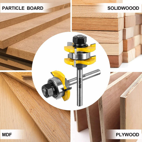 Rock Solid T Shape Tongue And Groove Router Bit Set One Quarter Inch Shank Built For Cabinet And Shelf Projects Featuring Razor Sharp Tungsten Carbide Blades And Anti Kickback Design For Faster Smoother Woodworking Crafts with particle board, plywood, MDF, solid wood.