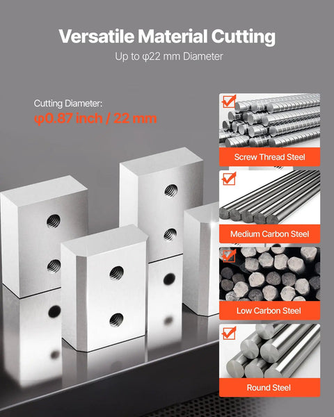 VEVOR 6Pcs Electric Rebar Cutter Replacement Jaw Blades For 22mm #7 Steel Rod CR12MOV showing cutting materials, screws, and steel types.