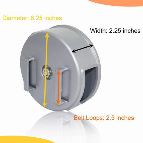 6.25 Inch Aluminum Tie Wire Reel Coil Holder Wheel with belt loops and knob, side view showing measurements