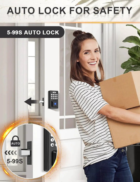 Woman using Keyless Entry Door Lock With Handles Electronic Keypad Deadbolt For Front Door Auto Locking Matte Black Handle Set