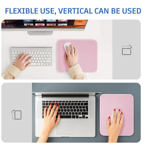 Person using a Pink Mouse Pad With Splash Proof Textured Surface And Stitched Edge For Desk, Non Slip Waterproof Rubber Base, 10.2 X 8.2 Inches, 3mm Thick, Rounded Corners, Cute And Durable Office Or Gaming Mat, placed beside a keyboard and laptop.