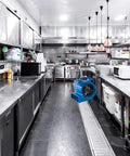 Powerhouse 1/8 HP Air Mover With 600 CFM Floor Dryer in stainless steel kitchen space for efficient drying