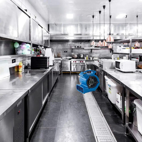 Powerhouse 1/8 HP Air Mover With 600 CFM Floor Dryer in stainless steel kitchen space for efficient drying