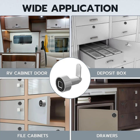 Heavy Duty Biometric Cabinet Lock With Bluetooth Digital Keyless Entry For Metal Storage Featuring Instant Swipe Capability Plus Twenty Unique Prints In A Sleek Two Centimeter Frame Helping You Ditch The Keys And Ride On Smooth Daily Access displayed on various storage units.