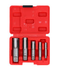 5 Piece NPT Pipe Tap Set In Carbon Steel With Accuracy Ground Threads And Square Shank For Plumbing And Automotive Threading Includes 3/4 1/2 3/8 1/4 And 1/8 Inch Beefy Heavy Duty Tool For Quick Repairs And Long Life. Red case with five carbon steel NPT pipe taps
