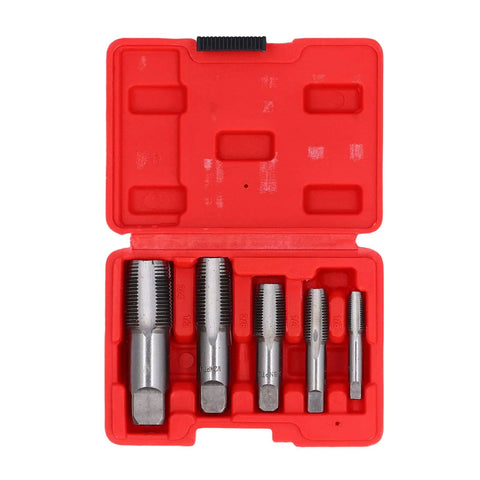 5 Piece NPT Pipe Tap Set In Carbon Steel With Accuracy Ground Threads And Square Shank For Plumbing And Automotive Threading Includes 3/4 1/2 3/8 1/4 And 1/8 Inch Beefy Heavy Duty Tool For Quick Repairs And Long Life. Red case with five carbon steel NPT pipe taps