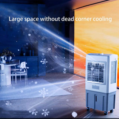 Super Sleek Portable 3 In 1 Evaporative Air Cooler And Swamp Cooler With 3 Adjustable Speeds Plus Ice Packs For Home Or Workshop in a spacious room.