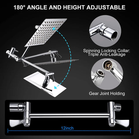 8 Inch High Pressure Rain Shower Head With 11 Inch Extension Arm And 10 Mode Handheld Set Chrome Finish Including Holder And Hose Built In Power Wash For Tub Tile And Pets Flow Regulator Leak Proof Connection with adjustable 180° angle arm shown.