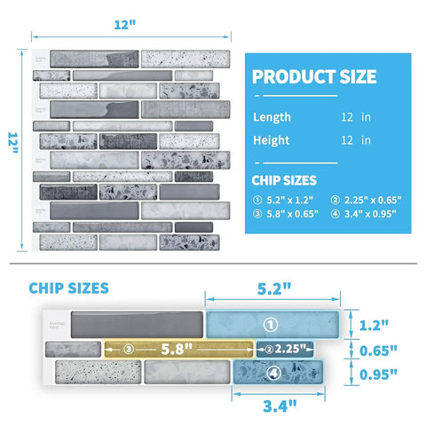 Peel and Stick Brick Kitchen Backsplash Self Adhesive Wall Tile Stone Design in Grey, 10 Sheets, 12x12 inch size with chip dimensions
