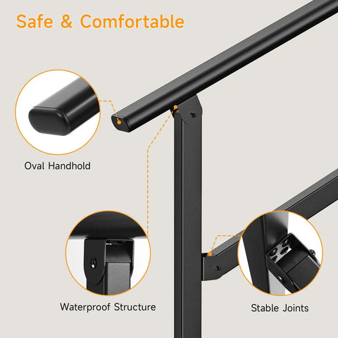 Built Solid As A Rock Wrought Iron Handrail For Outdoor Steps No Fuss DIY Install durable steel railing banister with oval handhold.