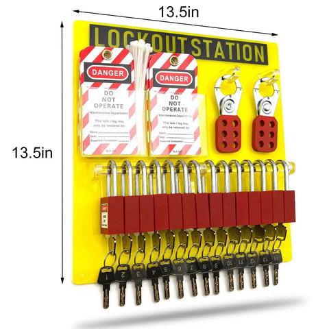 Lockout Tagout Station Kit With 14 Numbered Locks And Keys, 30 Tags, 30 Nylon Cable Ties, Heavy Duty Acrylic Board, Yellow Station