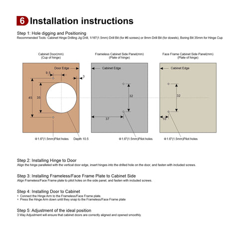 Installation instructions for 2 Pack Full Overlay Cabinet Hinges Clip On Soft Close Concealed European Hinges For Your Kitchen Cabinets With 105 Degree Opening And 3 Way Adjustable 35mm Cup Fits 14-22mm Door Thickness Nickel Plated Silver.