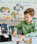 Child using Kids ATM Piggy Bank with Debit Card and PIN Digital Coin Counter and Bill Feeder, learning money skills.