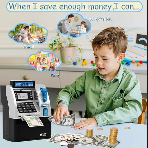 Child using Kids ATM Piggy Bank with Debit Card and PIN Digital Coin Counter and Bill Feeder, learning money skills.