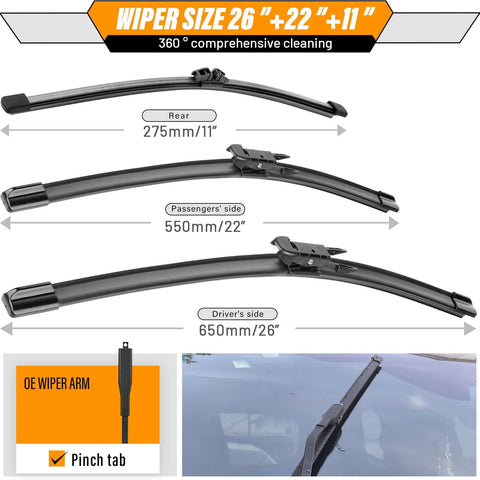 Straight Up Premium Windshield And Rear Wiper Blades For Ford Explorer 2011 To 2026, showing 26, 22, 11 inch sizes for complete replacement.