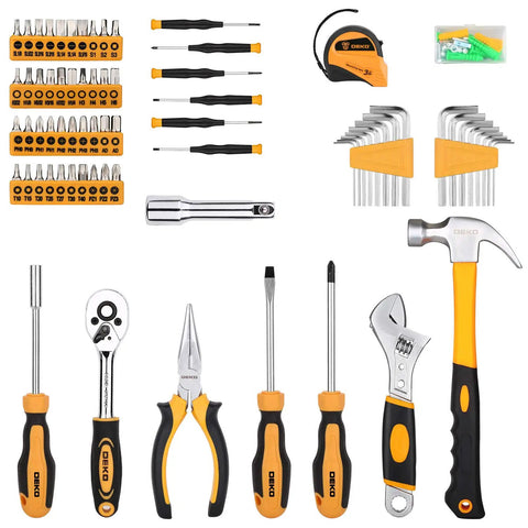 158 Piece General Purpose Tool Set For Home And Auto Repair With Durable Plastic Toolbox Storage Case And Heavy Duty Chrome Plated Hand Tools Includes Wide Range Of Sockets Pliers Wrenches Screwdrivers And More displayed on a surface