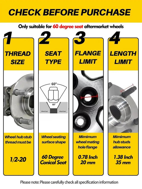 Jeep Lug Nut Replacement Kit 23Pcs 1/2-20 For Wrangler JK Liberty Grand Cherokee diagram with thread size, seat type, and limits