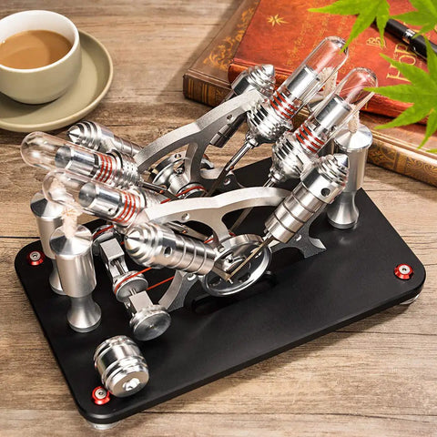 Hot Air Sterling Engine Kit With 4 Cylinder Parallel Stirling Engine Model For Adults Premium Metal Craftsmanship No Setup Needed Ready To Ignite With Alcohol Classic Generator Toy Gift, all-metal 27 cm model