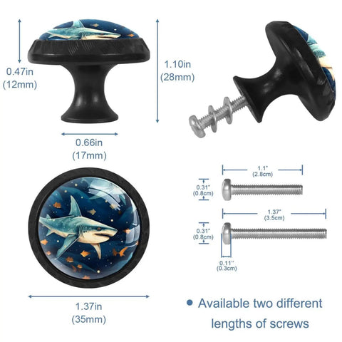 4 Piece Cabinet Knobs And Drawer Pulls Set with shark design, round shape, dimensions, and screws, kids friendly, easy install.