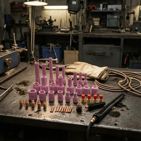 Tig Torch Accessory Kit With Stable Gas Support For Industrial Parts And Hobbyist Repairs, Includes Replacement Components And Consumables For Metal Fabrication To Keep Your Setup Kicking And Reliable, featuring pink ceramic nozzles and copper components.