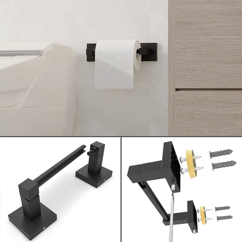 Matte Black Toilet Paper Holder Towel Ring Bathroom Accessories Hardware Set With Double Post Pivoting Roll Holder Wall Mounted