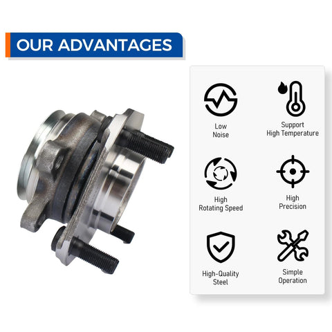 Set Of 2 Front Wheel Hub And Bearing Assemblies For Nissan Sentra 2007 To 2012 2L With ABS shown with feature icons