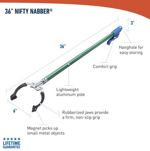 36 inch reacher grabber tool with ergonomic grip and magnet for easy yard cleanup and trash pickup, ideal for seniors and hard-to-reach items.
