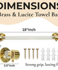 Lucite Open Bracket Towel Bar Wall Mount For Bathroom And Kitchen, brass and clear acrylic with dimensions shown, hardware included.