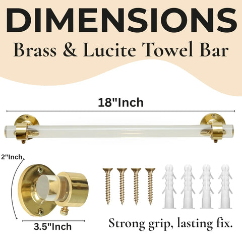 Lucite Open Bracket Towel Bar Wall Mount For Bathroom And Kitchen, brass and clear acrylic with dimensions shown, hardware included.