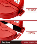 Red ABS Gate Valve Lockout open and closed, heavy duty locking device for 6.5 to 10 inch valve handles, corrosion-resistant.