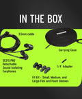 SE215 Pro Wired Earbuds For Pros Sound Isolating Earphones With Crystal Clear Highs And Deep Bass, accessories in box.