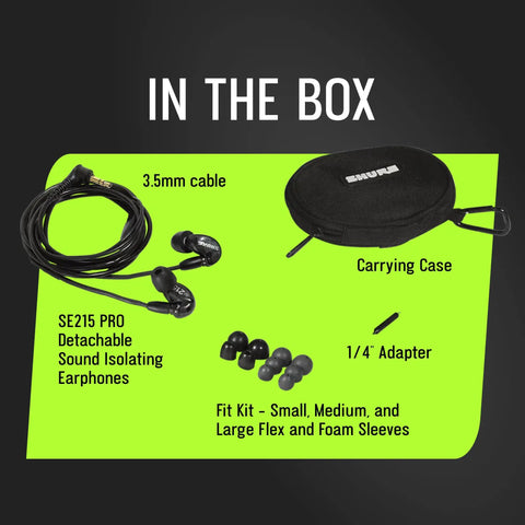 SE215 Pro Wired Earbuds For Pros Sound Isolating Earphones With Crystal Clear Highs And Deep Bass, accessories in box.