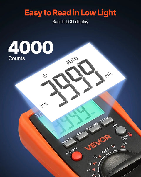All In One Digital Multimeter With 4000 Count TRMS Readouts For DC And AC Voltage And Current, showing backlit LCD display