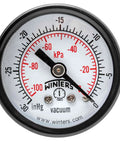 Front view of Winters 1-1/2 in vacuum pressure gauge with black steel case, brass internals, dual scale inHg/kPa