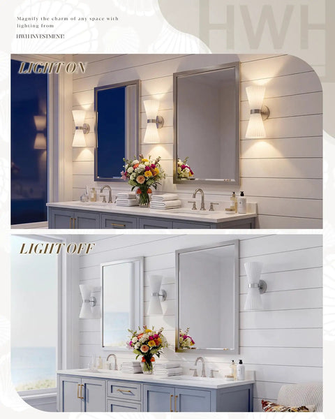 HWH Wall Sconces Set of 2, Indoor Up Down Wall Light, 5HZG97B-2W-2PK BN displayed above a double sink, illuminated and unlit views.