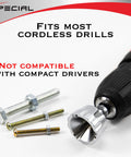 Special external deburring chamfer tool with tungsten carbide blade on cordless drill, hex shank.