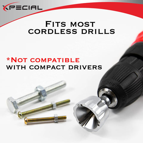 Special external deburring chamfer tool with tungsten carbide blade on cordless drill, hex shank.