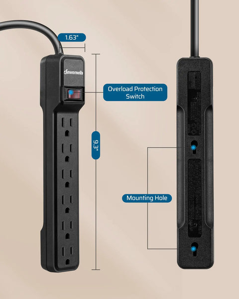 Front and back view of Six Outlet Power Strip Surge Protector With Fifteen Foot Extension Cord Low Profile Flat Plug 15 Amp Circuit Breaker 500 Joules Wall Mount Black UL Listed Must Have For Home Office And Entertainment Setups.