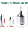 Spice Grinder For Kitchen Use In Silver, Super Easy To Use And Clean Aluminum Alloy Grinder With Detachable Food Contact Parts shown in a three-piece set.