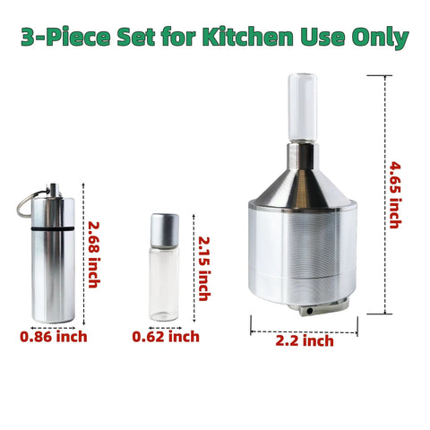 Spice Grinder For Kitchen Use In Silver, Super Easy To Use And Clean Aluminum Alloy Grinder With Detachable Food Contact Parts shown in a three-piece set.