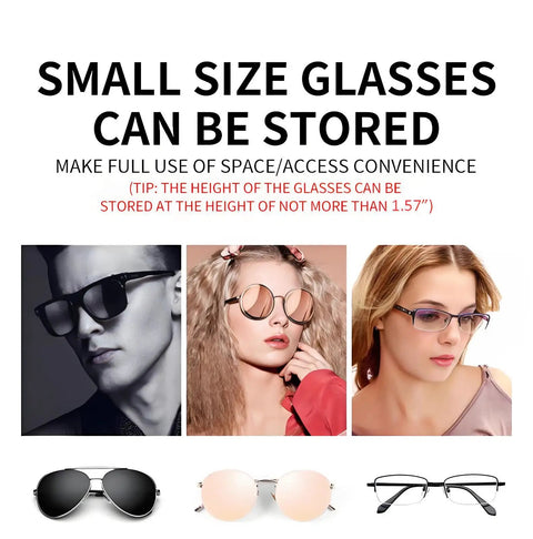 Different types of glasses fitting 1.57 inch space for Universal Car Visor Sunglasses Holder Clip And Storage Box For Glasses And Small Essentials, Must Have All In One Sunglass Case That Fits Sunglasses Or Prescription Glasses Up To 1.57 Inches, SUV Sedan Truck Gray