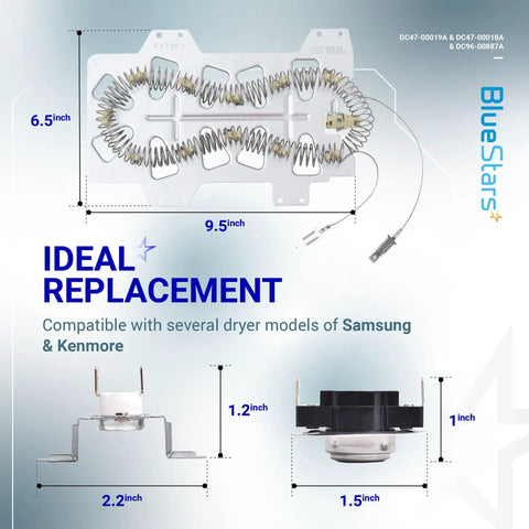 Samsung Dryer Heating Element Kit With Thermostat And Thermal Fuse Bracket 5300W 240V Replacement dimensions and parts