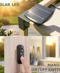 Solar panel and on/off switch on Outdoor Pergola With Solar LED Lights, Waterproof UPF 50 Plus UV Resistant Retractable Sun Shade