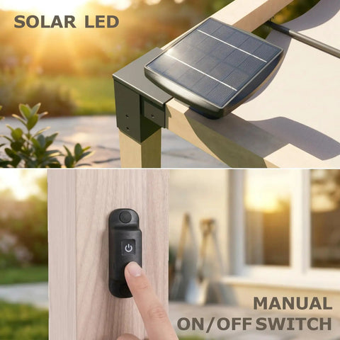 Solar panel and on/off switch on Outdoor Pergola With Solar LED Lights, Waterproof UPF 50 Plus UV Resistant Retractable Sun Shade