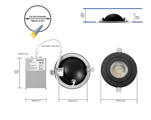 Dimensions of 4 Inch Adjustable Eyeball LED Recessed Gimbal Light 9W 120V 900 Lumen Dimmable Color Temperature 3000K 4000K 5000K