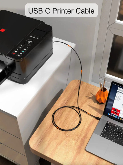 USB C To USB B Printer Cable 6.6 Foot Type B To Type C Printer Cord connecting laptop and printer on wooden desk