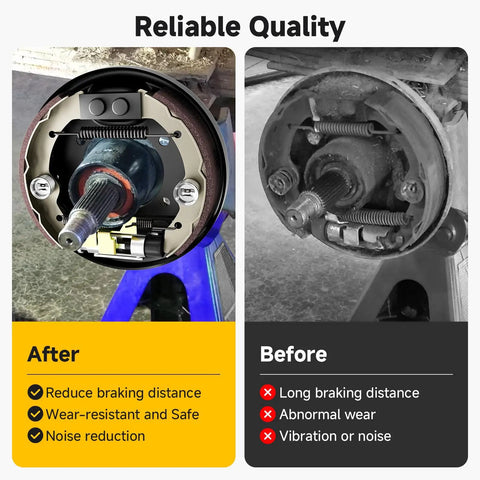 Comparison of new and old rear driver and passenger side brake cluster with shoes for TXT Medalist 1996+ and Yamaha 1993+.