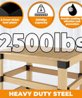 Heavy Duty Workbench Bracket Kit 12 Pc Three Way Right Angle Corner Braces For DIY Built To Last For Standard 2x4 Lumber Actual One And A Half By Three And A Half Inches Steel Frame Building Plates For Workbench Table Shelving Garage Storage image showing workbench with steel brackets supporting 2500lbs capacity.