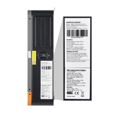 Side view of High Power 4200W 24V DC To 230V AC Off-Grid Hybrid Inverter, product labels and specifications visible